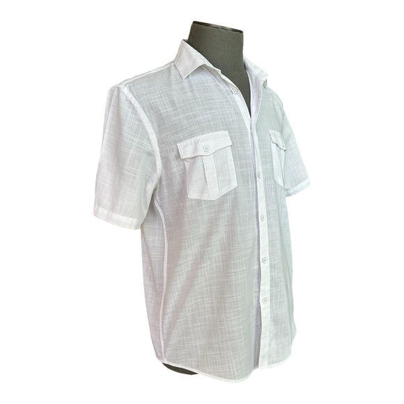 Men Shirt ALFANI Button Front Short Sleeve Shirt Regular Fit White Cotton Shirt - Picture 4 of 6
